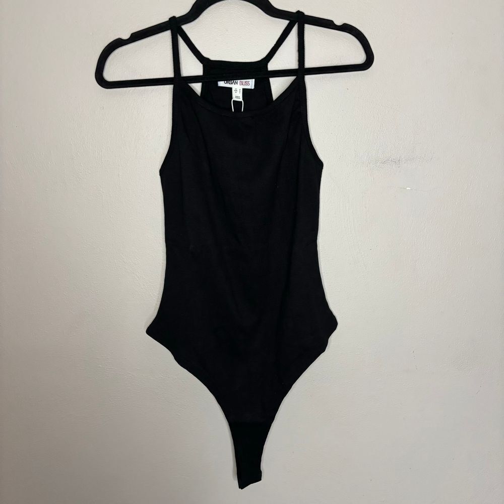 Urban Bliss Bodysuit Women's Small Black Rib Racer Back Snap Spaghetti Strap New